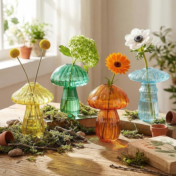 13 Pcs Glass Mushroom Vase Propagation Station with Hydroponic Plant and Artificial Fake Moss 6 Colored Plant Vase Table Centerpiece Decor for Forest Birthday Wedding Party Decoration (Bright Color)