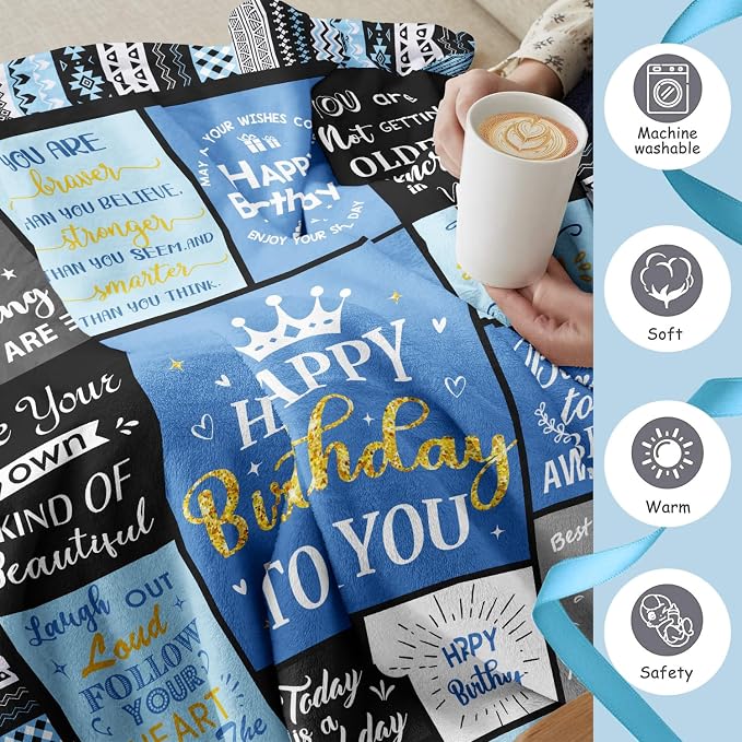 Ivivis Birthday Gifts for Women Girls Throw Blanket 60"X50" Blue, Happy Birthday Decorations for Woman, Gifts for Women Birthdays Unique, Womens Bday Gift Ideas for Her Friend Mom Sister Grandma Wife