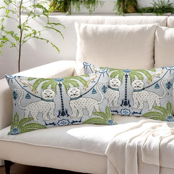 Chinoiserie Animal Print Leopard Tropical Tree Lumbar Pillow Covers 12X20 Inch Set of 2 Vintage Asian Tiger Birds Pillow Cases Green Cotton Linen Cushion Case Farmhouse Home Decor For Sofa Couch