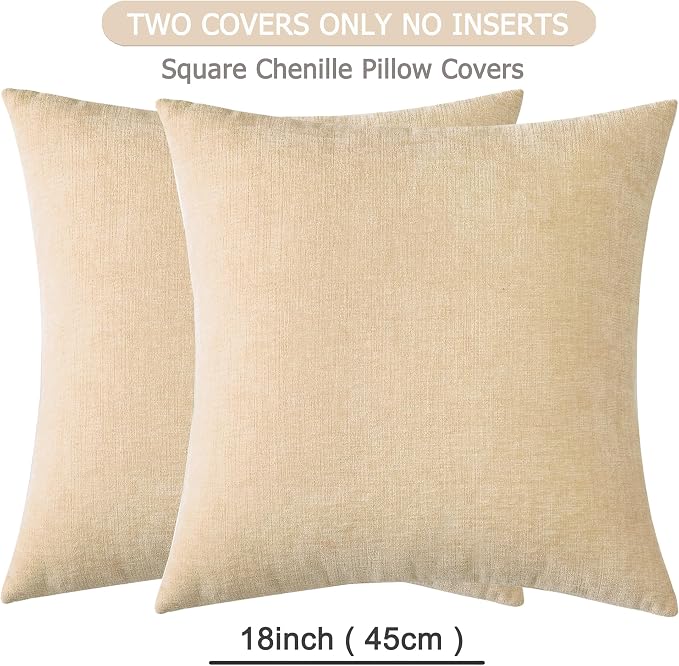GAWAMAY Decorative Throw Pillow Covers 16x16 Inch Set of 2, Super Soft Chenille Square Pillows Farmhouse Fall Pillowcase for Living Room Bedroom Sofa Couch Cushion Cover Beige 40x40cm (No Insert) | Soft Chenille Farmhouse Style, Hidden Zipper, Neutral ...