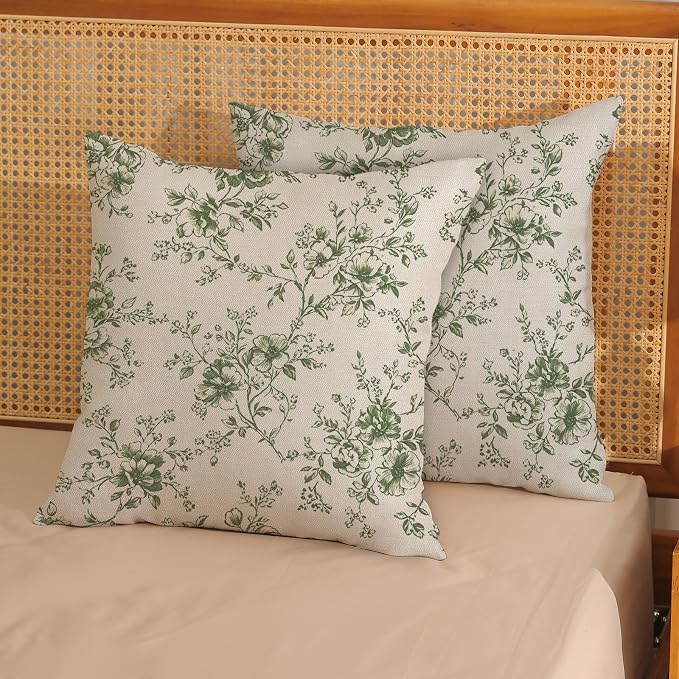 Sage Green and Cream Flower Pillow Covers 18x18 Set of 2 Chinoiserie Floral Decorative Throw Pillows Vintage Toile Flower Pillowcase Linen Outdoor Farmhouse Cushion Cover for Couch Sofa Decor