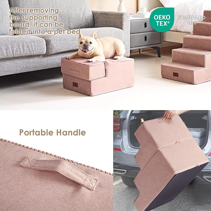 EHEYCIGA Dog Stairs for Small Dogs 13.5" H, 3-Step Extra Wide Dog Steps for Couch Sofa and Chair, Pet Steps for Medium Cats, Non-Slip Balanced Pet Ramp Indoor, Pink