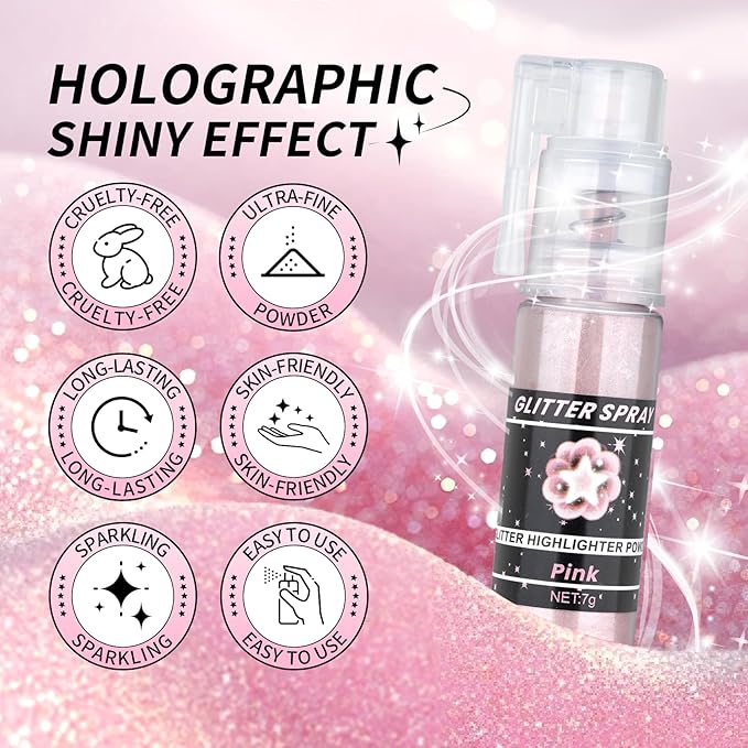 Pink Body Glitter Spray, Shiny Glitter Spray for Hair Body and Clothes, Long-Lasting Sparkle, Holographic Ultra Fine Shimmer Powder Glitter Hairspray for Rave Prom Makeup Halloween Crafts
