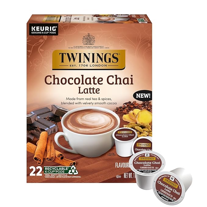 Twinings Chocolate Chai Latte Tea K-Cup Pods for Keurig, 22 Count (Pack of 1), Velvety Smooth Cocoa with Real Spiced Tea, Caffeinated, Enjoy Hot or Iced