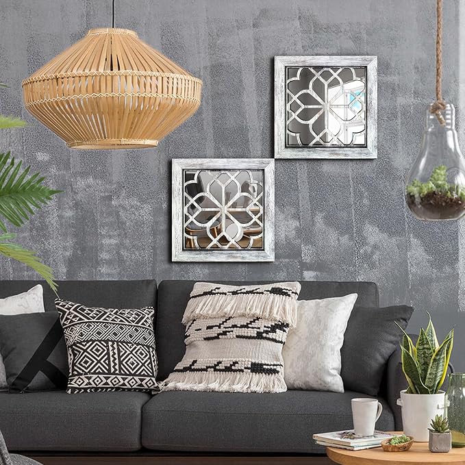 Set of 4 Boho Wall Mirrors with Carved Floral Design, 12x12 Inch Rustic Farmhouse Accent Mirrors, Vintage Style Shatterproof Square Mirror Decor for Living Room, Bedroom(Grey)