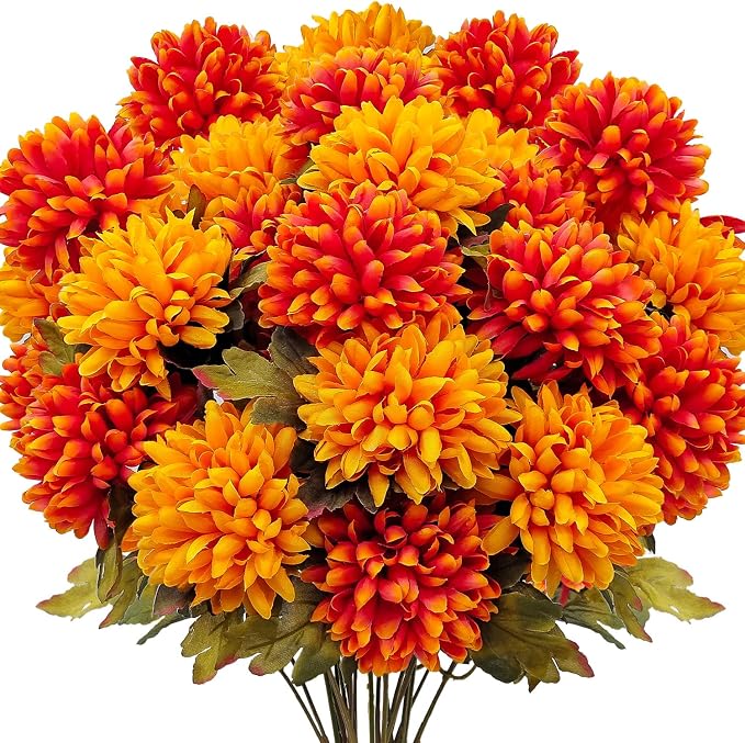 4 Bundles Large Artificial Fall Flowers Faux Mums for Outdoor Planters | Silk Fake Chrysanthemums Bouquet for Home Vase Outside Front Porch Table Floral Arrangement Wedding Autumn Decor