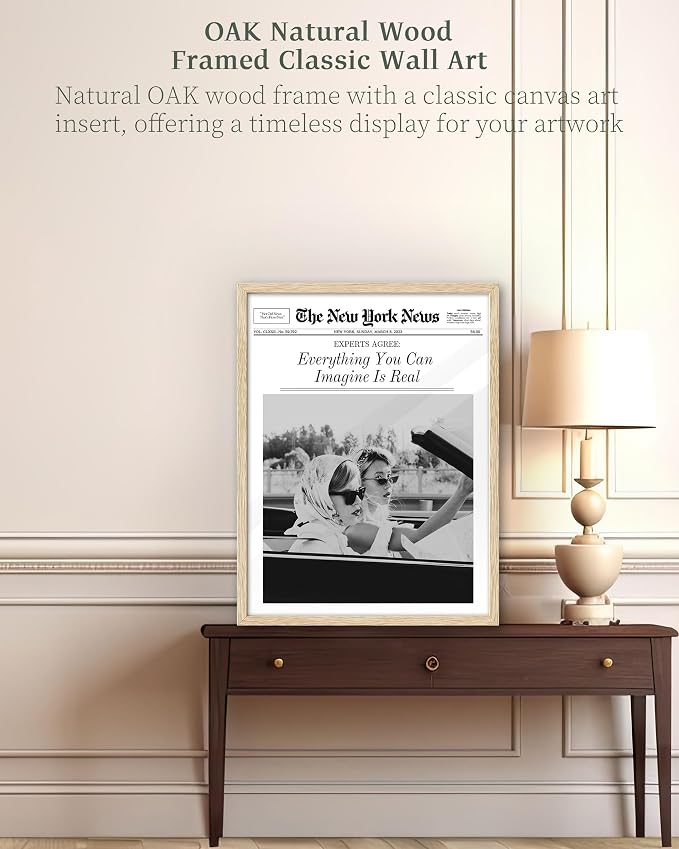 iHery 12x16in Everything You Can Imagine Is Real Framed Newspaper Art | Natural OAK Wood Frame with Canvas Print, Vintage Girls Decor for Bedroom, Living Room, Dorm and Gallery Wall, 1Pack