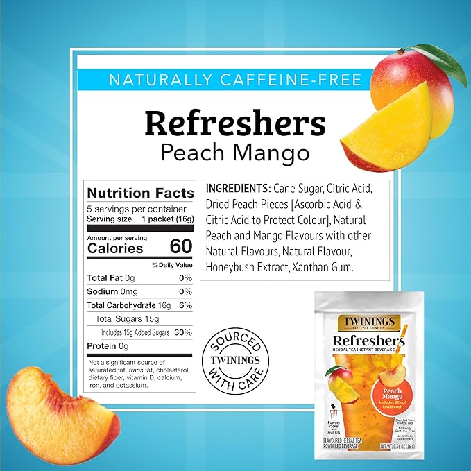 Twinings Peach Mango Refreshers, Herbal Tea Instant Beverage with Real Peach Fruit Bits, 5 Count (Pack of 6), Café Style, No Artificial Sweeteners, Naturally Caffeine-Free Refreshment, 30 Packets