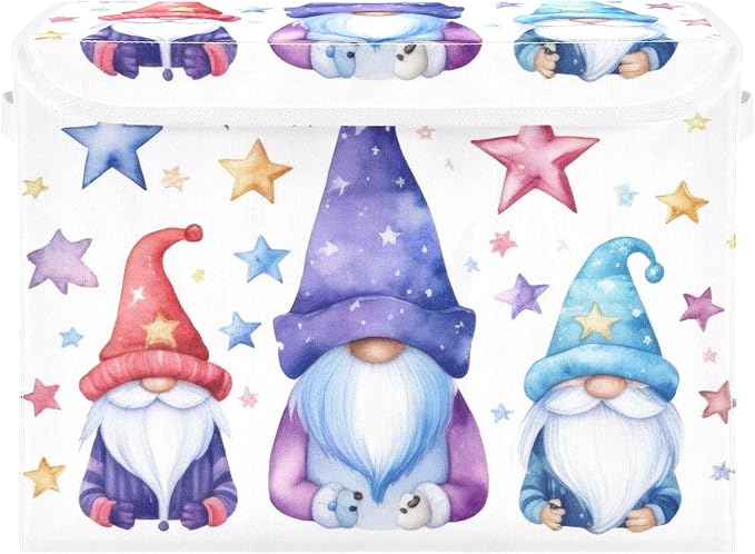 Cute Gnomes Storage Bins with Lids and Carrying Handle,Foldable Storage Boxes Organizer Containers Baskets Cube with Cover for Home Bedroom Closet Office