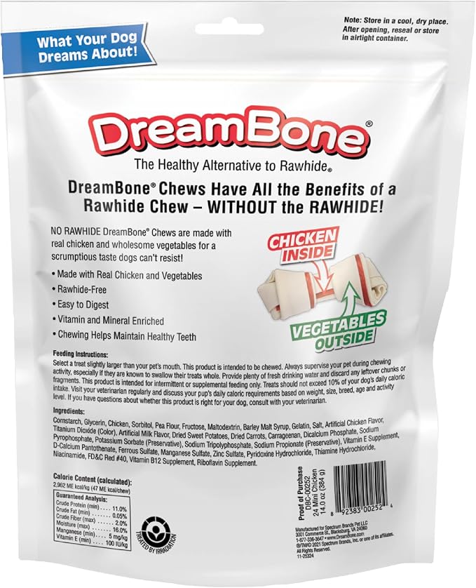 DreamBone Mini Bone Rawhide-Free Dog Treats With Real Protein, 24 Count | Daily Chew, Digests Safely and Completely, Made With Real Protein, Chicken and Veggies, For Adult Dogs