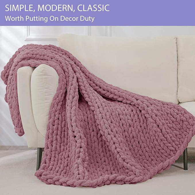 Bigacogo Chunky Knit Throw Blanket for Couch, 40x60 inches, Burnt Rose | Hand Knit with Jumbo Chenille, Soft Breathable Cable Knit for Sofa Bed Living Room, Machine Washable, Gift for Mom Friend
