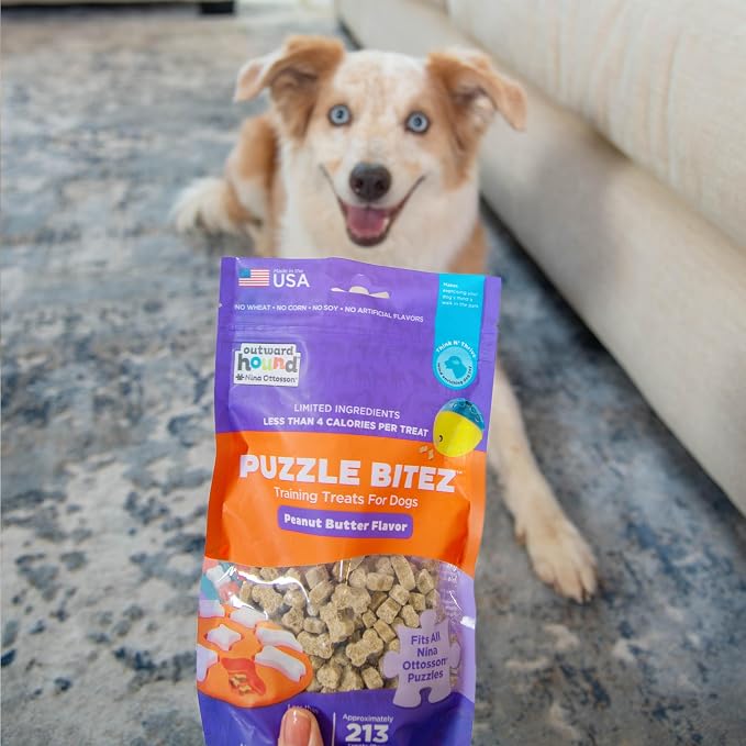 Outward Hound by Nina Ottosson Puzzle Bitez USA Made Dog Treats,Peanut Butter Flavor,Bite-Sized Training Reward and Interactive Puzzle Toy Treats,7.5oz,(Pack of 2)
