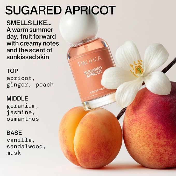 Pacifica Sugared Apricot Perfume for Women – Sweet Fruity Floral Eau de Parfum with Apricot Peach Jasmine Vanilla Sandalwood – Vegan Clean Beauty Long Lasting Fragrance Spray, 1 Fl Oz