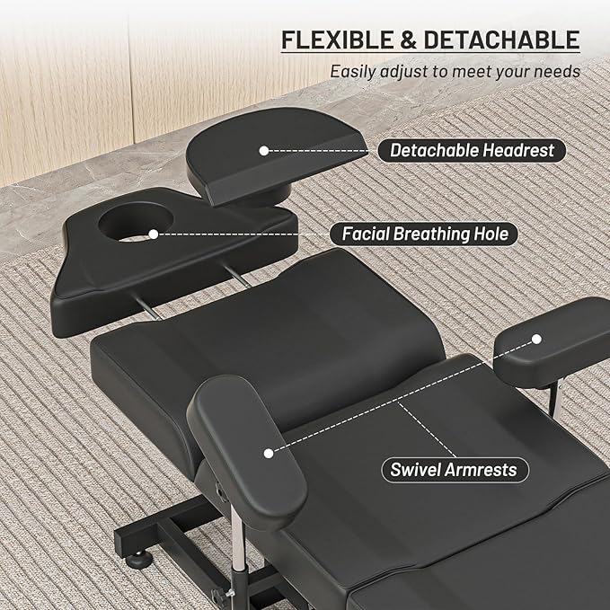 Fully Electric Tattoo Chair Bed for Client with 3 Motor & Adjustable Armrests Black Facial Beds for Esthetician w/Headrest for Spa