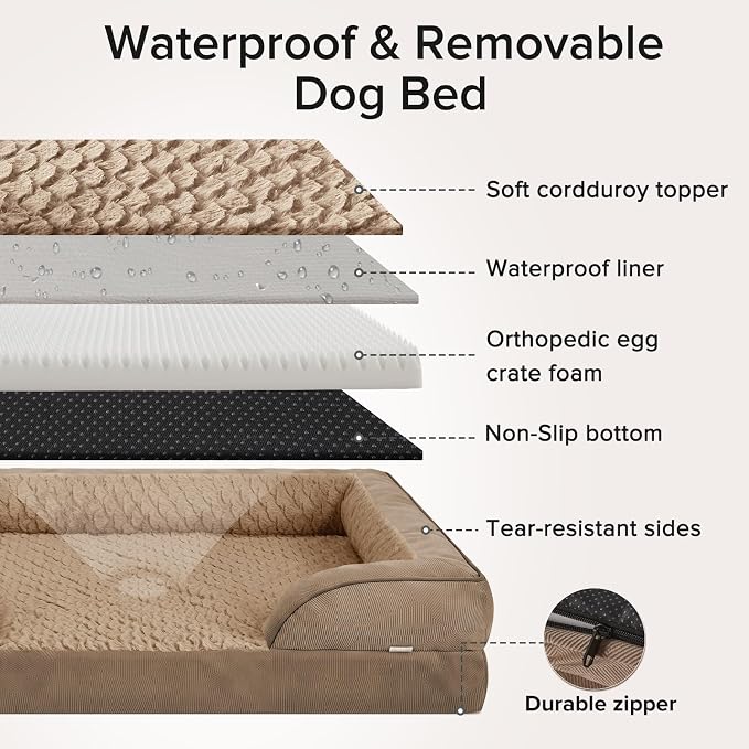 XXL Plus Orthopedic Dog Beds Large Sized, XL Washable Dog Sofa with Egg-Crate Foam, Waterproof Lining and Non-Skid Bottom
