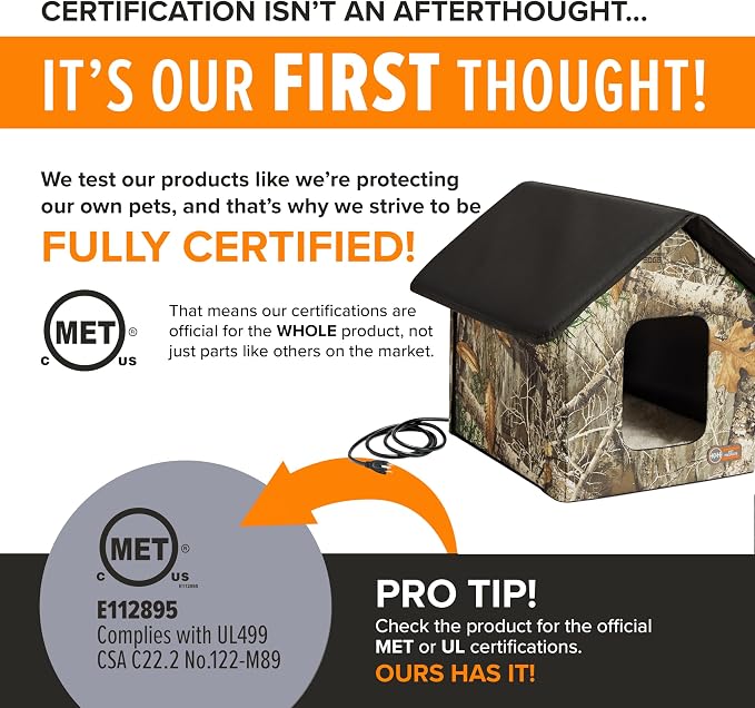 K&H Heated Cat House, Outdoor Kitty Shelter, Safety Listed, 20W, Camo | Heated Cat House for Outside, Weatherproof Shelter for Ferals, Insulated with Smart Thermostat, 2 Doors, Waterproof Bed