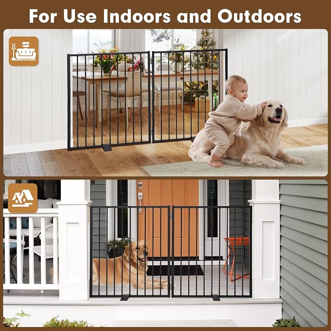 Folding Metal Freestanding Dog Gates Indoor Extra Wide 52" 2 Panels | Heavy Duty Free standing Dog Gate Outdoor - Auto Close, Foldable Pet Fence – Anti-Topple Stability Feet (2 Panels, Black)