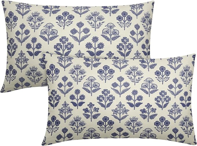 Navy Blue Floral Pillow Covers 12x20 Inch Set of 2, Block Print Lumbar Flower Cream Decorative Throw Pillowcases Outdoor Farmhouse Rectangle Cushion Covers Spring Summer Sofa Couch Bed Decor