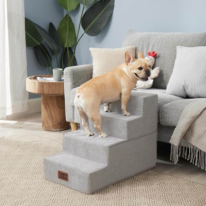 EHEYCIGA Dog Stairs for Bed 18" H, 4-Step Extra Wide Dog Steps for High Bed, Pet Steps for Small Dogs and Cats, Non-Slip Balanced Pet Ramp Indoor, Light Grey