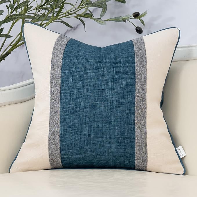 Patchwork Pillow Cover 20x20 Inch Luxury Cotton and Linen Cushion Cover Square Pillowcover for Couch Bedroom Living Room, Blue
