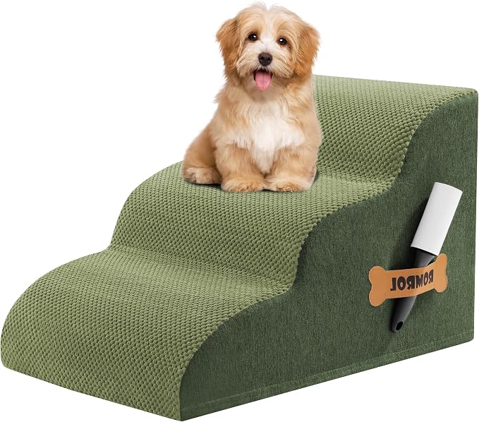 Romrol Dog Stairs Ramp for High Beds Couches, High Density Foam Pet Steps with Durable Non-Slip Waterproof Fabric Cover, Dog Stairs for Small Dogs or Cats or Pets, 3-Step,15 Inch,Green
