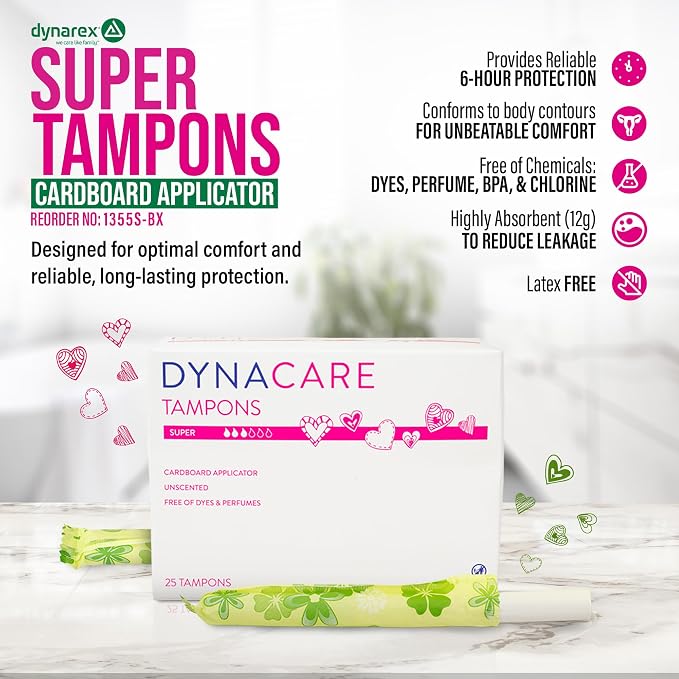 Dynarex Super Tampons – Feminine Hygiene Product with Cardboard Applicator – 7-Hour Protection – 1 Box of 25 Tampons