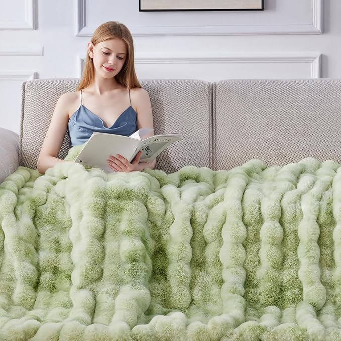 Anysay Faux Fur Throw Blanket, 1000GSM Fluffy Soft Bubble Blanket 50''*60'' | Cozy Plush Warm and Thick Blanket for Couch Bed, Fuzzy Rabbit Throw for Living Room Bedroom Tie-dye Green