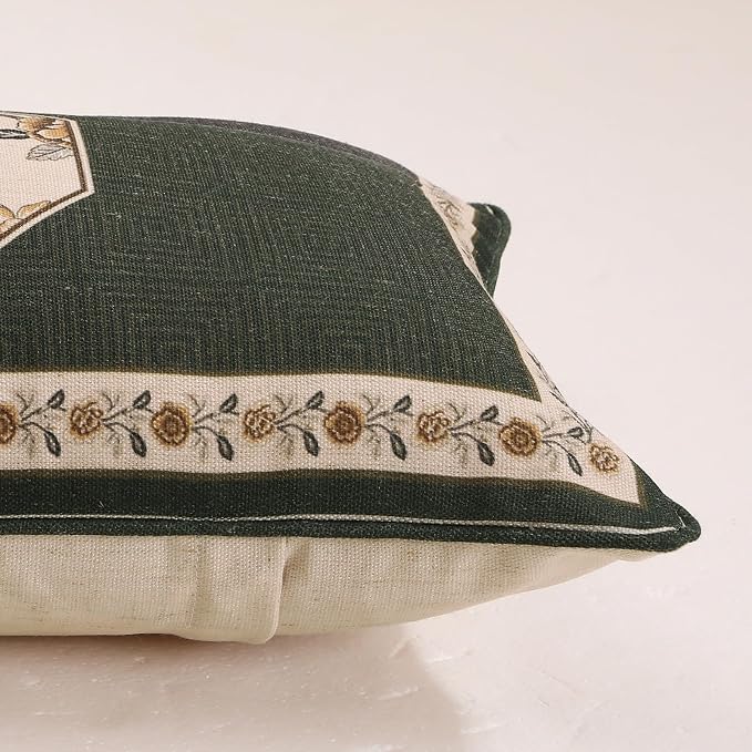 Vintage Linen Square Throw Pillow Cover,Set of 2,18"x18"-Murad E | Designer French Green Pillow Cover,Concealed Zipper Design,Floral and Bird Pattern,Sofa,Bedroom,Living Room,Lounge Chairs