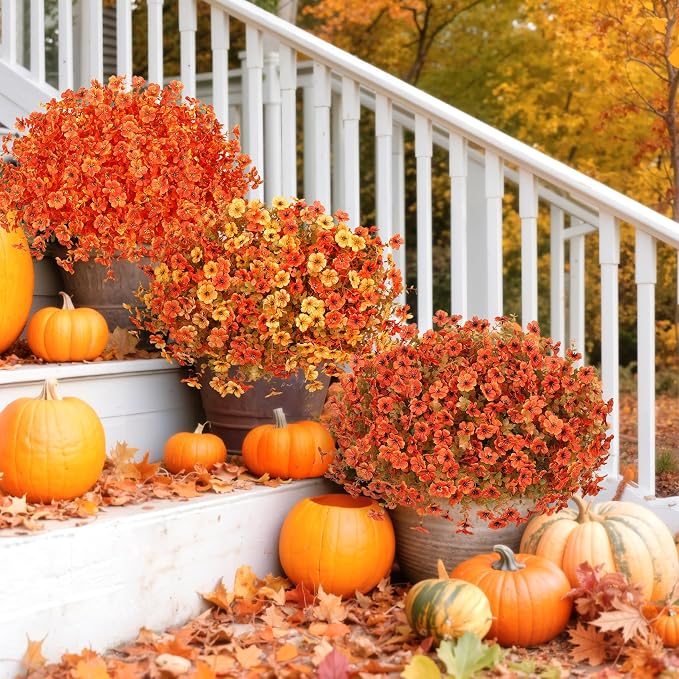 24 Pcs Artificial Fall Flowers, Fake Mums Outdoors, Fall Orange | Lifelike faux mums, silk flower, UV resistant, no-maintenance, for autumn Thanksgiving garden porch yard indoor outdoor decor