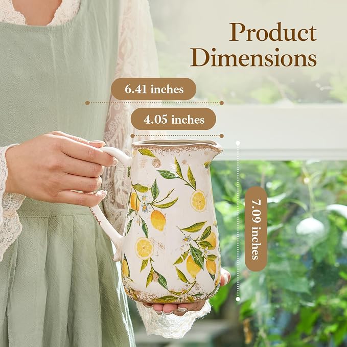 Vintage Lemon Ceramic Vase with Handle, Retro Ice Glazed Crack Farmhouse Pitcher Vase for Home Decor, Living Room, Shelf, Office, Rustic Table Centerpiece 7 Inch