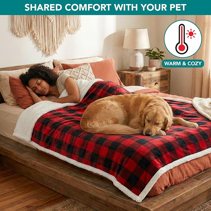PetAmi Waterproof Dog Blanket for Large Dog Cat Pet, 60x80, Black Red | 460 GSM Sherpa Fleece Reversible, Pee Proof, Furniture Protector Cover for Couch Sofa Bed Kennel, Washable, Extra Large