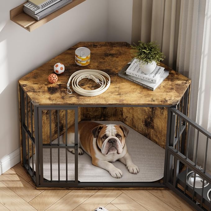 Corner Dog Crate Furniture for Small Dogs, Indoor Kennel End Table, Brown