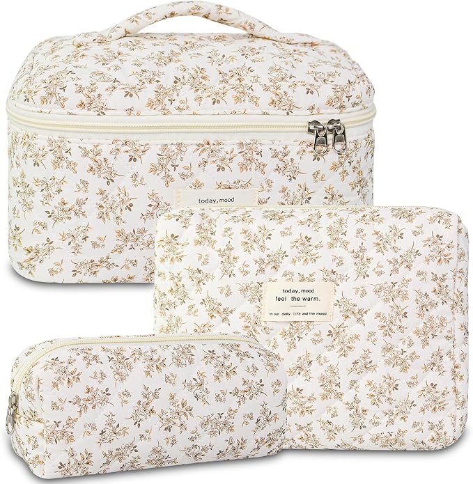 GISMTR 3Pcs Makeup Bag Cotton Quilted Travel Cosmetic Bag Cute Floral Makeup Pouch Large Toiletry Bag for Women Girls