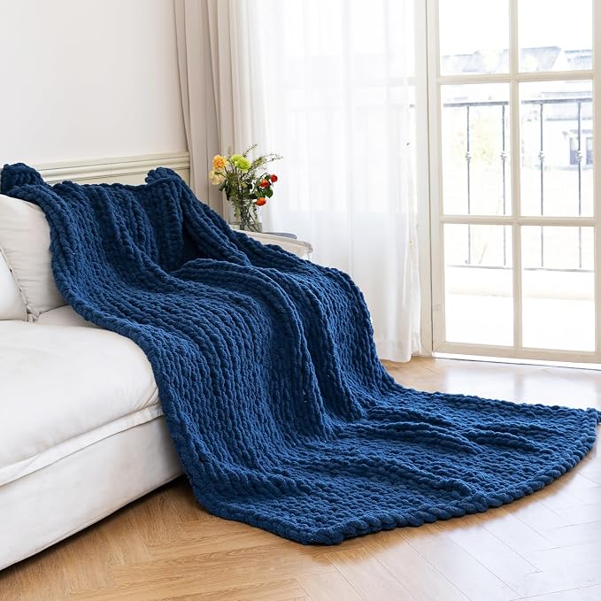 Chunky Knit Blanket - Luxury Soft Cozy 60 * 80 Throw Blanket,100% Woven Blanket Rope Knot Throw Blanket for Couch, Sofa, Home Decor, Gift - Machine Washable (Deep Blue, 60 * 80)