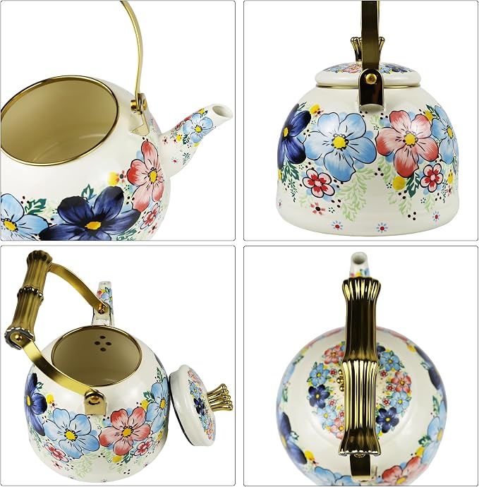 Floral Enamel Tea Kettle Bohemian Blue Flowers Stovetop Teapot 2.5L Coffee Hot Water Kettles with Gold Handle Vintage Kitchen Decor Christmas Gift