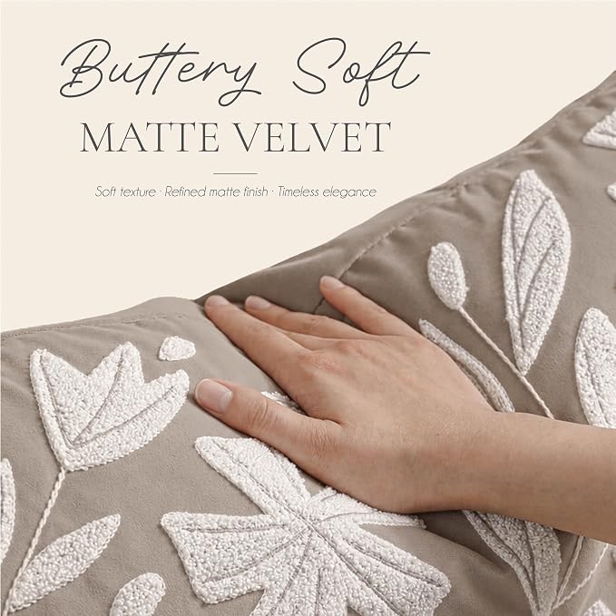 Decorative Lumbar Pillow Cover 12x20, Light Taupe Accent Velvet Throw Pillowcase for Couch Sofa Living Room, Floral Tufted Rectangular Cushion, Cover Only