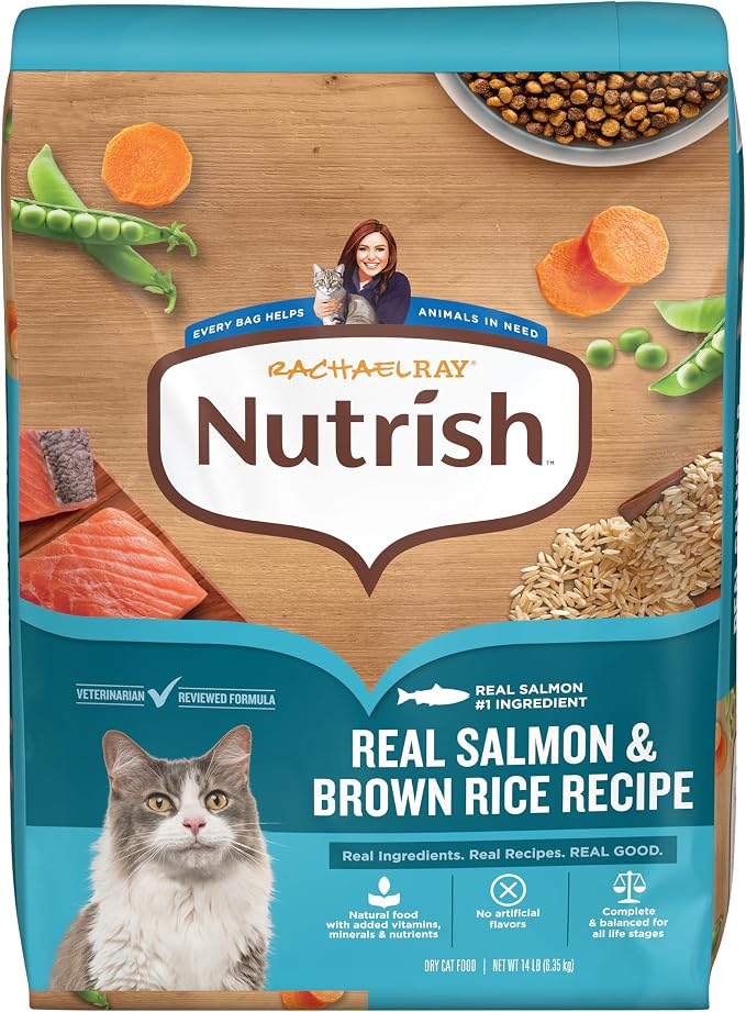 Nutrish Dry Cat Food, Salmon & Brown Rice Recipe, 14 lb. Bag (Rachael Ray) | Suitable for Cats of All Life Stages, No Artificial Flavors, Nature Food with Added Vitamins, Minerals & Nutrients