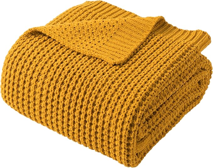 Waffle Knit Throw Blanket, Mustard Yellow Throw Blanket for Couch 60"x80" | Chunky Chenille Throw Blanket, Soft Fall Mustard Throw Blanket for Home Decor, Modern Farmhouse Knitted Style
