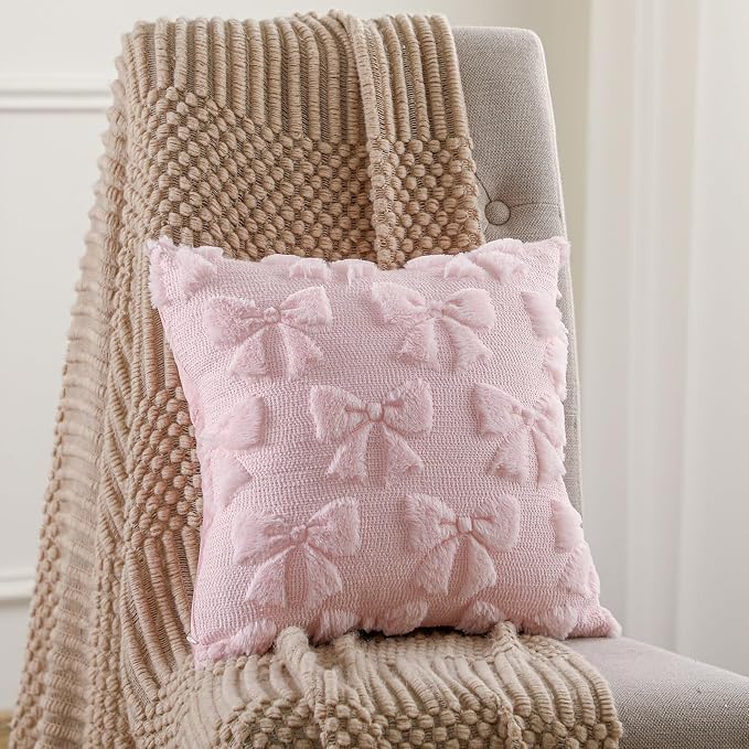 Mixweer Pink Bow Pillow Covers Set of 2 Preppy Room Decor Coquette Cute Spring Summer Decorative Faux Fur Soft Bowknot Stuff Fluffy Plush Aesthetic Pillowcase for Bed Sofa Couch (16 x 16 Inch)