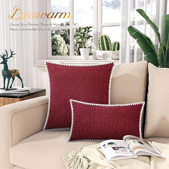 BRAWARM Chenille Throw Pillow Covers 12x20 Inches, Burgundy, 2 Pack | Decorative Lumbar Pillow Covers with Shell Edge, Soft Cushion Cases for Sofa Bed Living Room Home Farmhouse (No Insert)