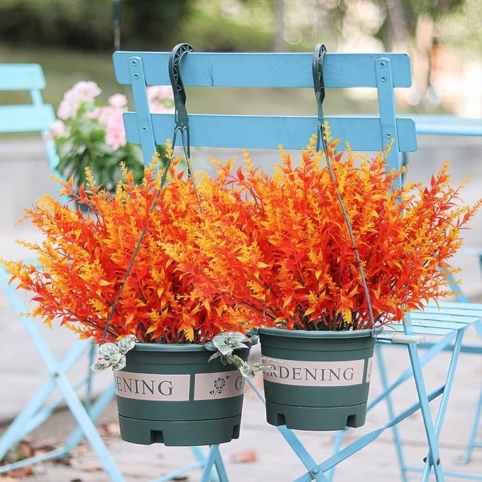 RECUTMS 8pcs Artificial Fall Flowers Outdoor UV Resistant Outdoors Greenery | Autumn Gold Decor,Fake Plants Stem Faux Plastic Flower in Bulk for Hanging Planters Outside Porch Vase Home Window Decoration