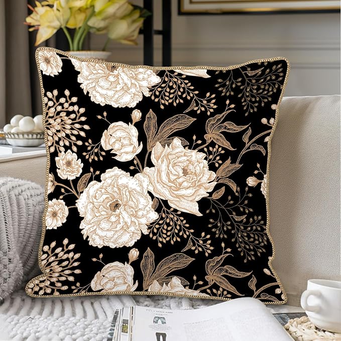 KSLIDS Vintage Peony Roses Floral Soft Velvet Throw Pillow Covers Set of 2 White Roses Flower Bloom Leaves Decorative Pillow Covers 16x16 Inch Black Gold Cream Pillow Case for Sofa Couch Home Decor