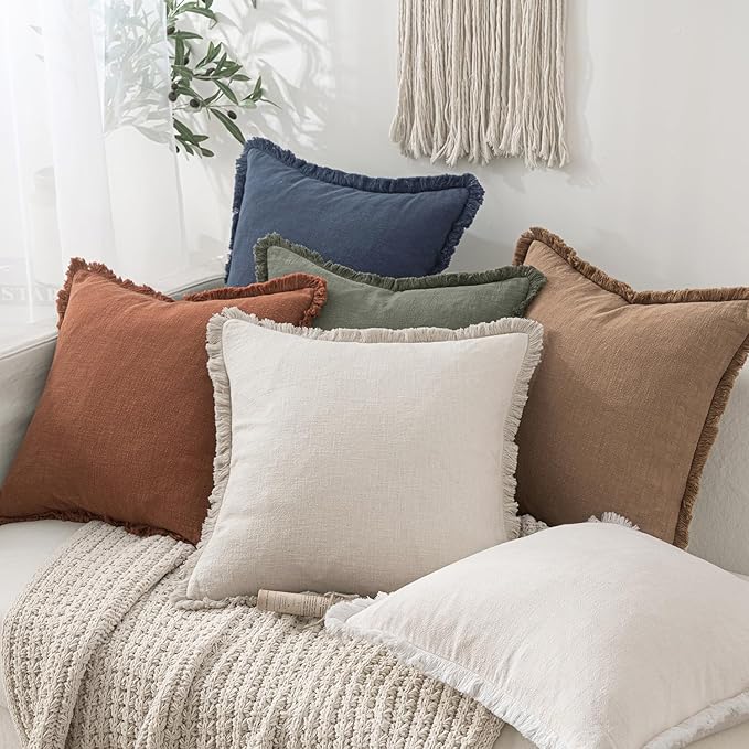 MIULEE Linen Decorative Euro Throw Pillow Covers Natural Beige 26x26 | Set of 2, Cottagecore Decor, Boho Farmhouse Neutral Pillow Covers, Rustic Fringe Couch Cushions for Sofa Bed Living Room