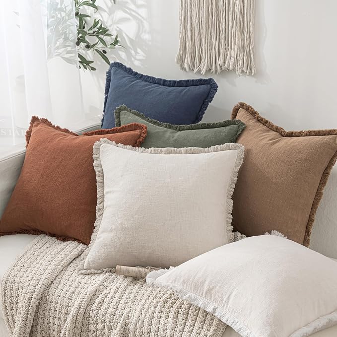 MIULEE Linen Decorative Euro Throw Pillow Covers Natural Beige 28x28 | Set of 2, Cottagecore Decor, Boho Farmhouse Neutral Pillow Covers, Rustic Fringe Couch Cushions for Sofa Bed Living Room