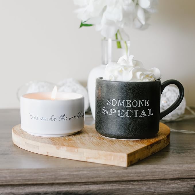 Pavilion Gift Company - Someone Special - 4 Oz Candle & 10.8 Oz Mug Gray & Cream Neutral Stackable To: From: Tag Gift Set