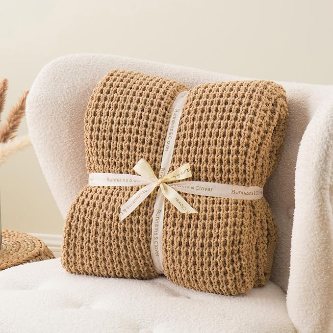 Beige Throw Blanket for Couch, Tan Waffle Knitted Throw Blankets 60"x80" | Farmhouse Throw Blanket for Home Decor, Neutral Knitted Beige Blanket, Decorative Soft Chunky Chenille Throw for Bed Sofa