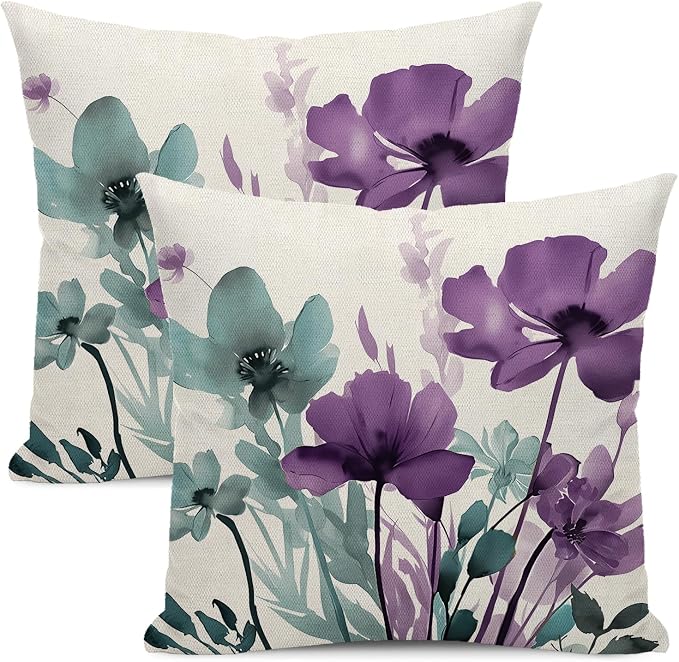 Spring Floral Pillow Covers 18x18 Inches Set of 2 Blue Purple Floral Throw Pillow Cover Outdoor Rustic Summer Flower Decoration Pillowcase Farmhouse Decorative Cushion Cover For Home Sofa Couch