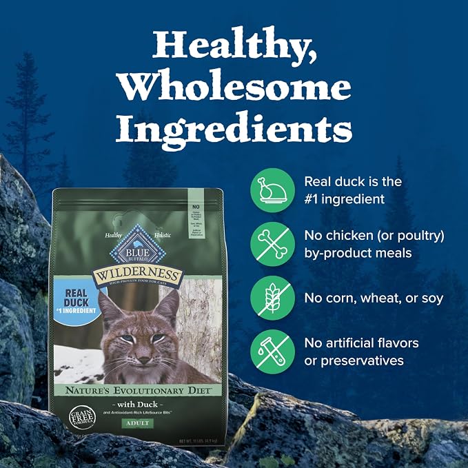 Blue Buffalo Wilderness Duck Adult Dry Cat Food, Grain-Free, 5 lb | Real Duck #1 Ingredient, High Protein & Grain-Free Recipe, Supports Immunity with Antioxidant-Rich LifeSource Bits