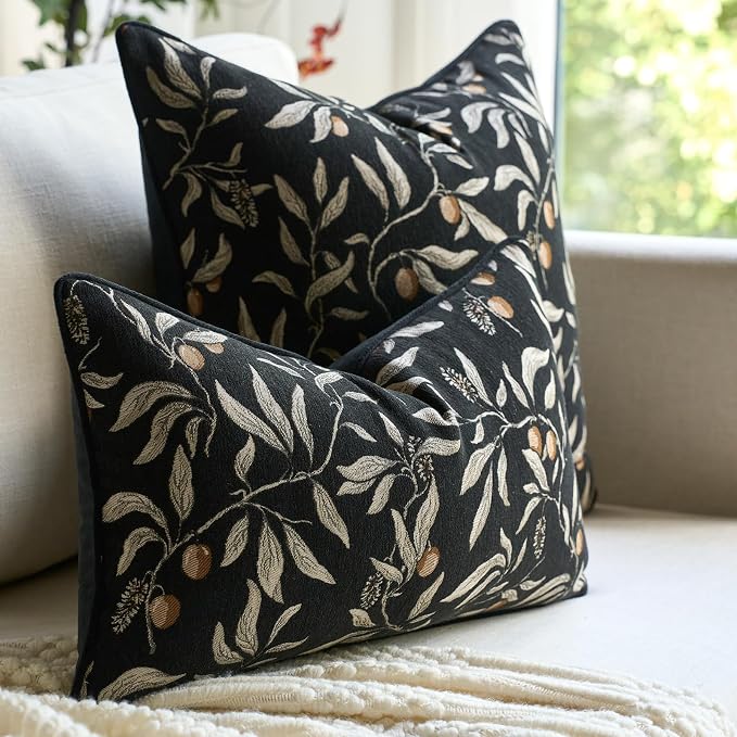 Alerfa Black Floral Throw Pillow Cover 18 x 18 Inch Sqaure Luxury Decorative Pillow Cover for Couch Living Room Bedroom