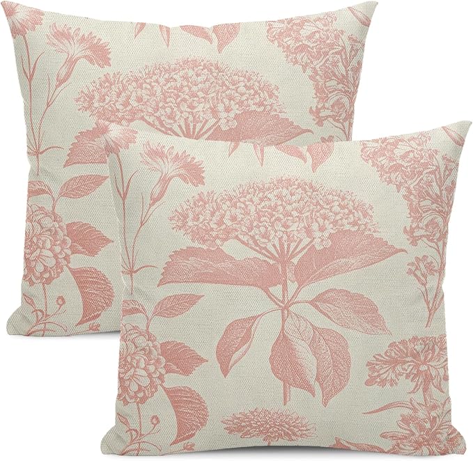 Floral Pillow Covers 18x18 Set of 2 Vintage Pink Hydrangea Herb Botanical Throw Pillow Cover Outdoor Decoration Boho Flower Pillowcase Farmhouse Decorative Cushion Case for Home Sofa Couch